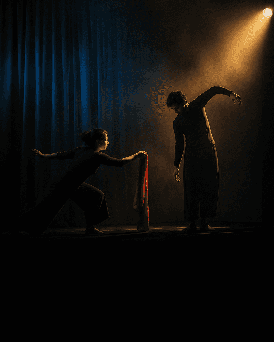 Two Kannada theatre performers on a dark stage under a warm spotlight