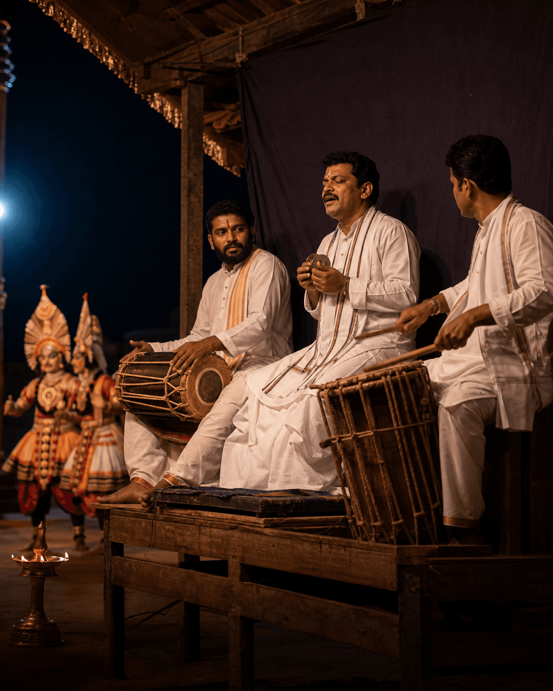 Yakshagana Himmela with a Bhagavata, maddalegara, and chandegara guiding a live stage performance
