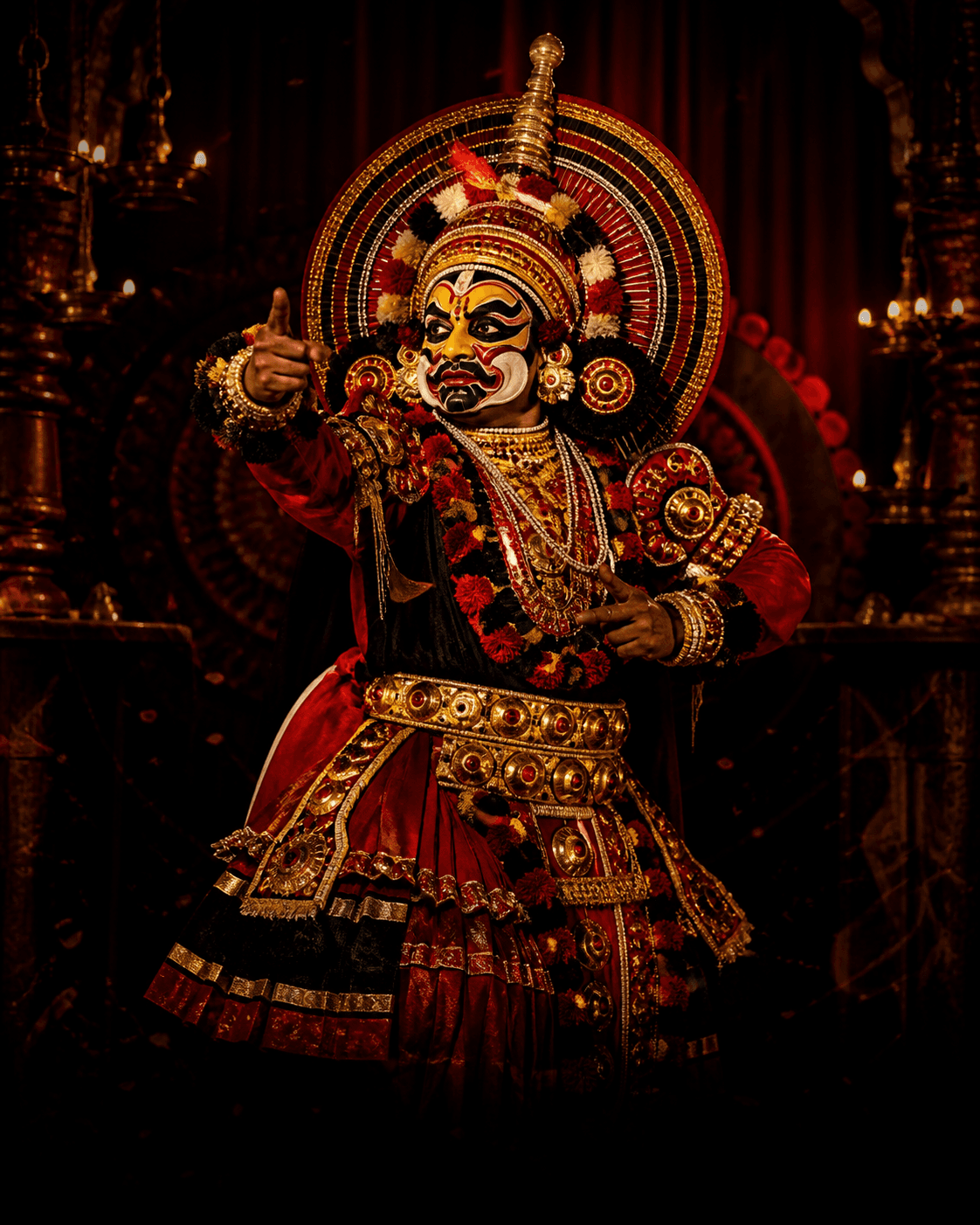 Yakshagana performer in traditional costume under stage lights